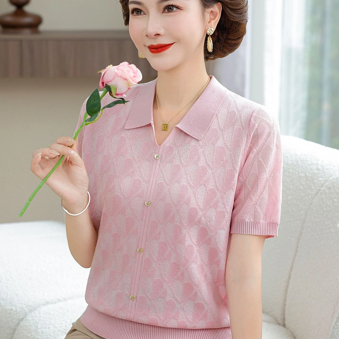 时尚妈妈夏季翻领短袖针织T恤洋气上衣中年妇女冰丝打底宽松小衫