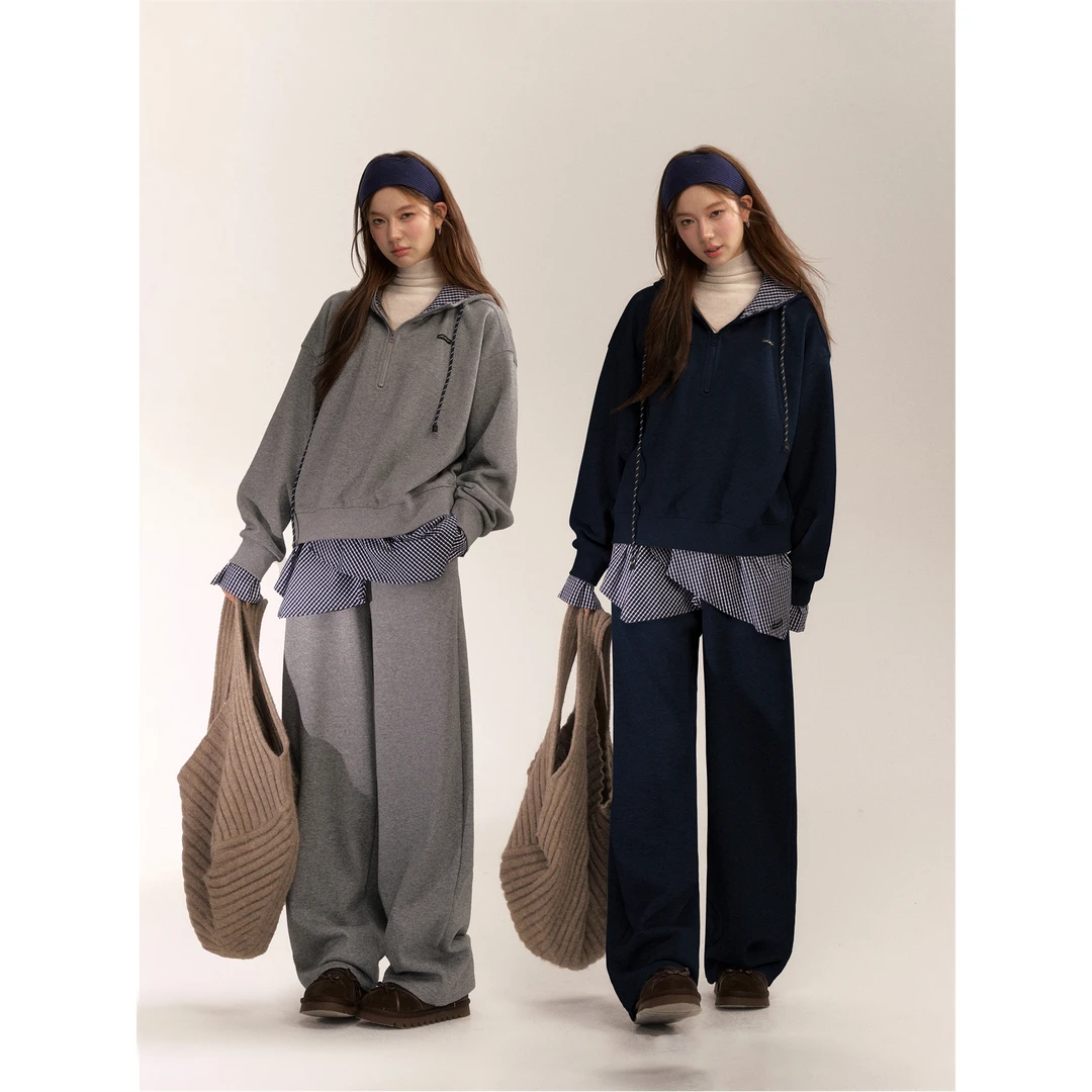 AsGony拼接格纹假两件休闲百搭连帽卫衣休闲卫裤