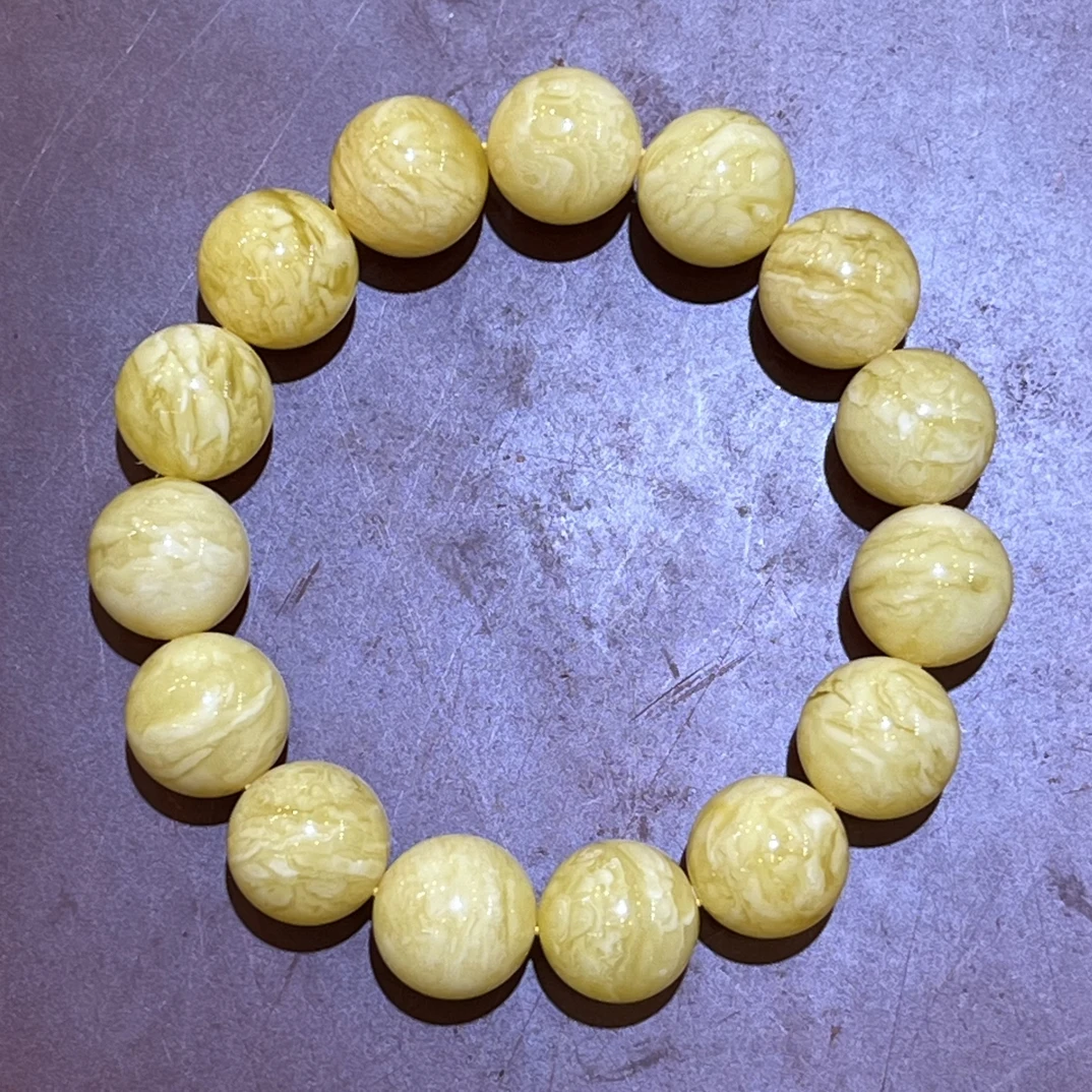 琥珀白花蜜蜡虎皮纹圆珠手串，14m+，24g，天然原矿保真