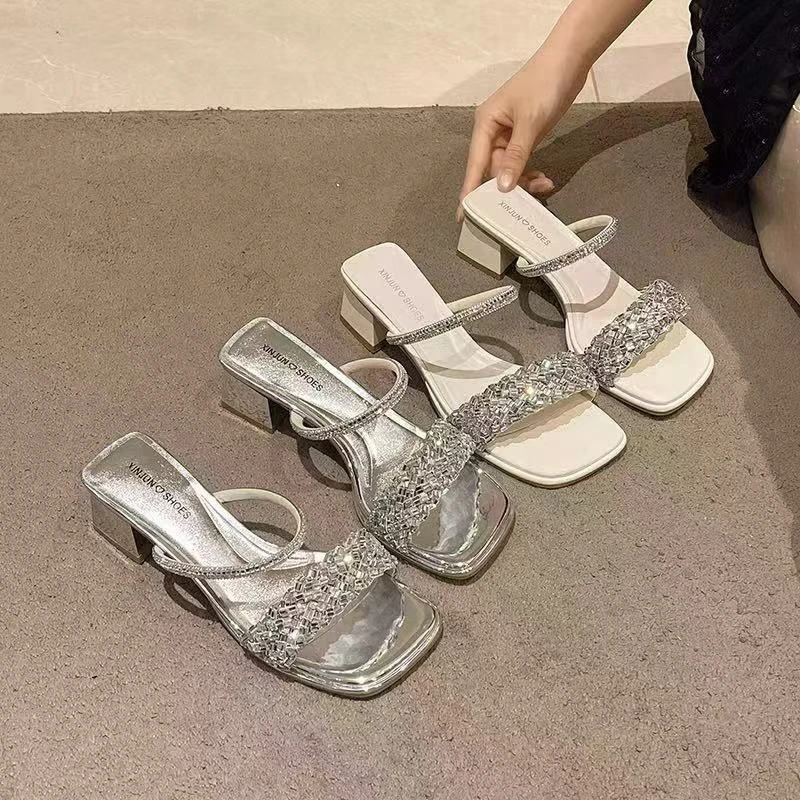 网红气质水钻中跟新款夏韩版外穿粗跟百搭拖鞋1237