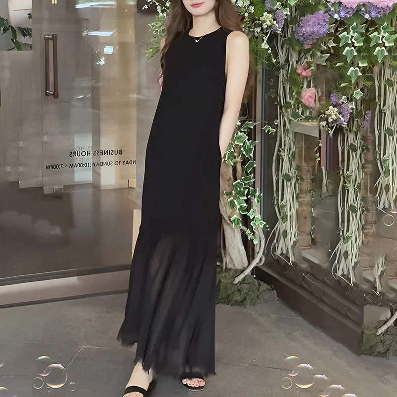 轻奢复古减龄背心无袖拼接连衣裙女2025新款夏季宽松显瘦高级长裙