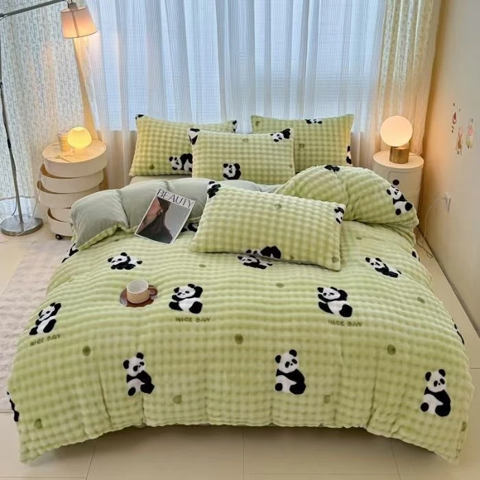 冬季新款加厚泡泡牛奶绒印花四件套毛绒通用套件加绒被套防静电