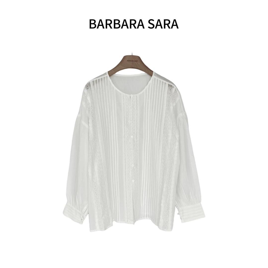 BARBARA SARA工艺款拼接百褶蕾丝气质长袖衬衫百搭圆领宽松73187