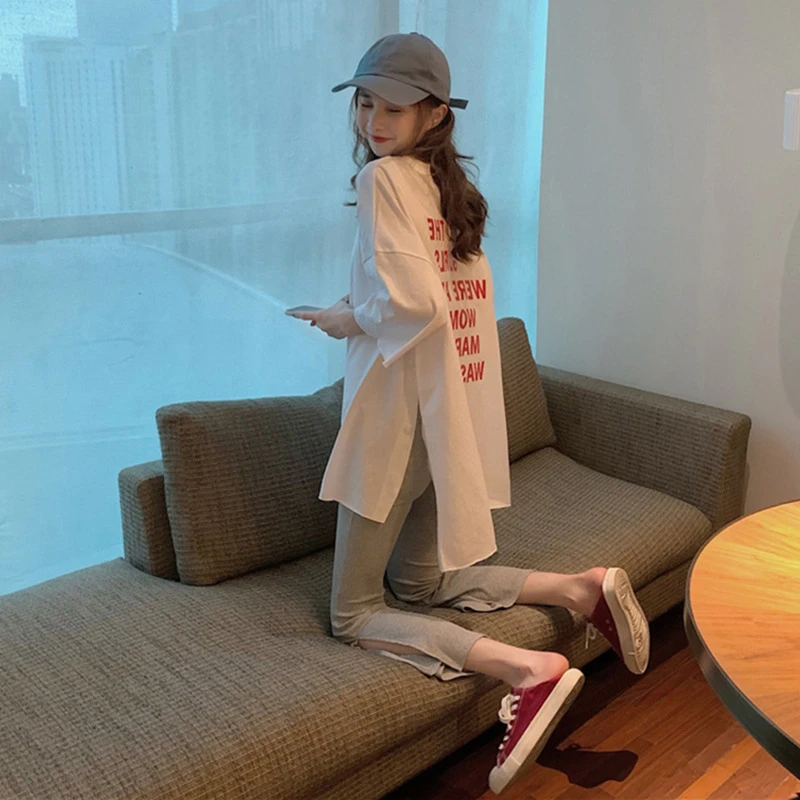 打底T恤女短袖款宽松中长款欧货下衣消失新款前短后长开叉上衣