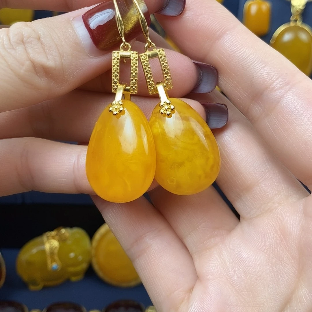 蜜蜡耳饰银S925镀金镶嵌