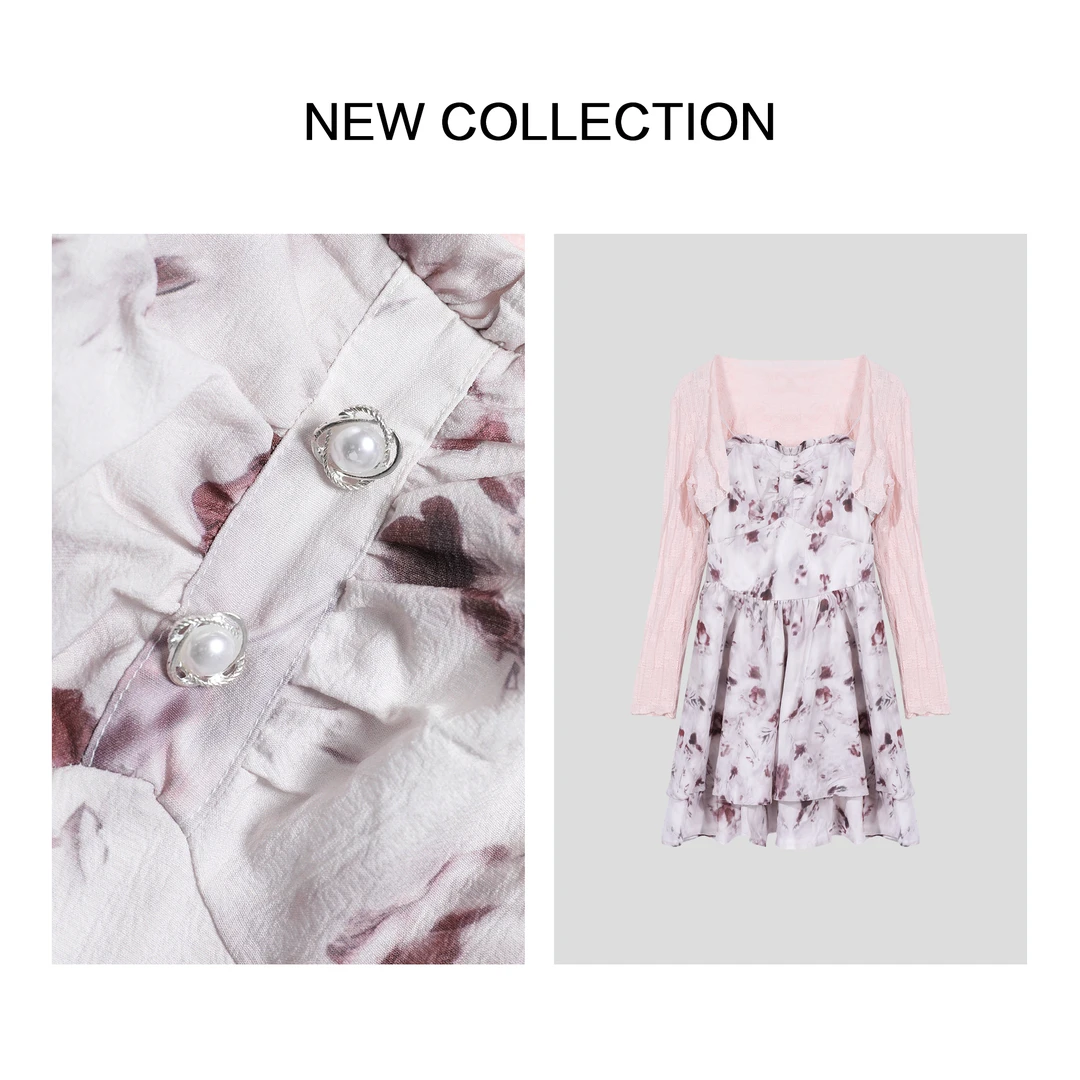 【小铃铛女装】L1F27013 淡雅花卉印花珍珠扣长袖连衣裙