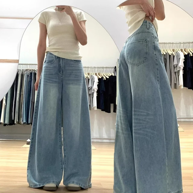 高品质浅蓝色大阔腿裤女士春秋季新韩式宽松版牛仔裤胖毫米大尺寸