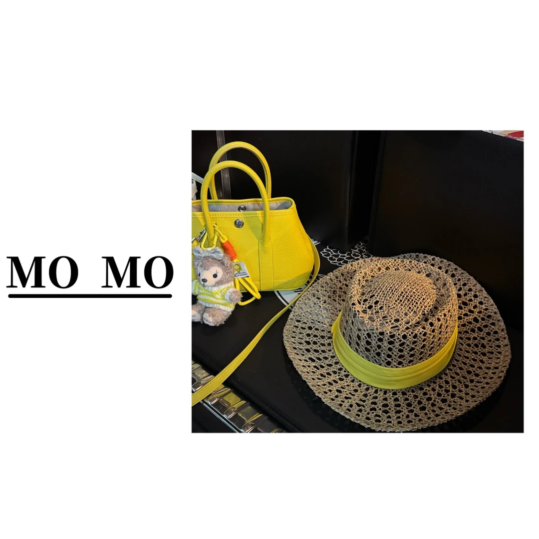 MOMO【沙滩草帽】2025新款度假风格纯色织带镂空平顶草帽出游遮阳帽