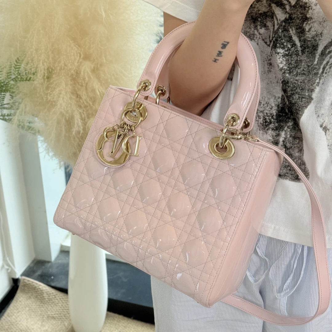 95新 DIOR/迪奥 粉金漆皮五格单肩戴妃