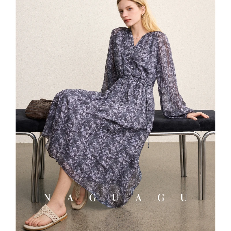 【舒伯特黑玫瑰】高含量桑蚕丝 气质轻盈晕染印花连衣裙25早春女