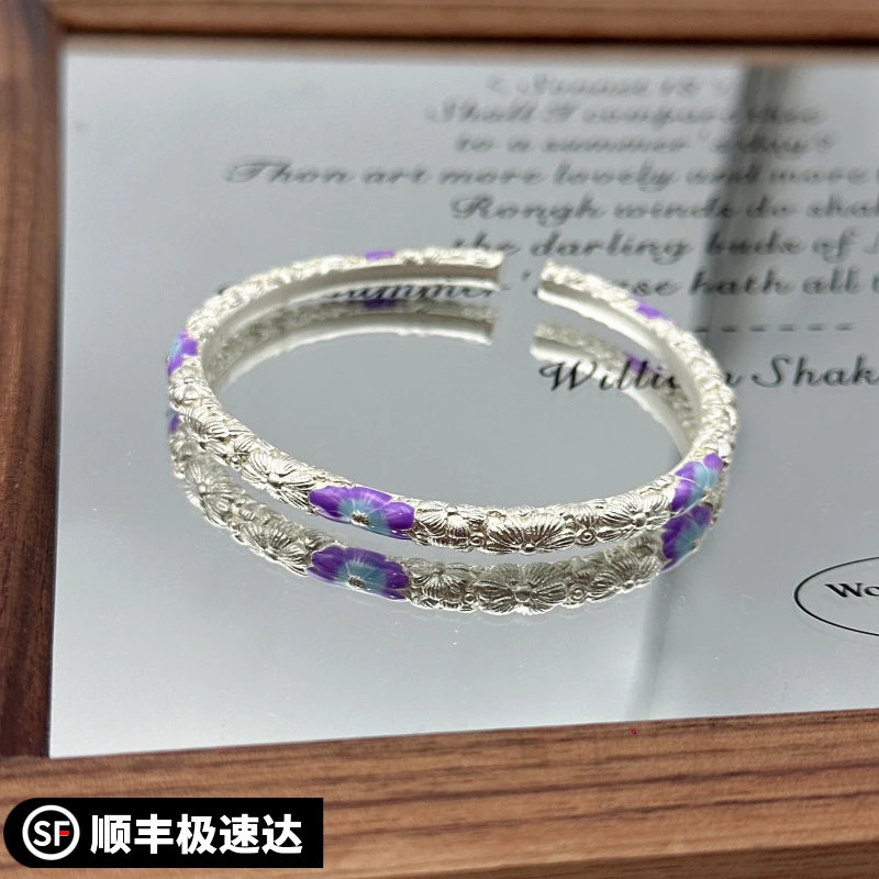银9999珐琅五月石榴花开口手镯女镯子送女友闺蜜新礼物百搭时尚