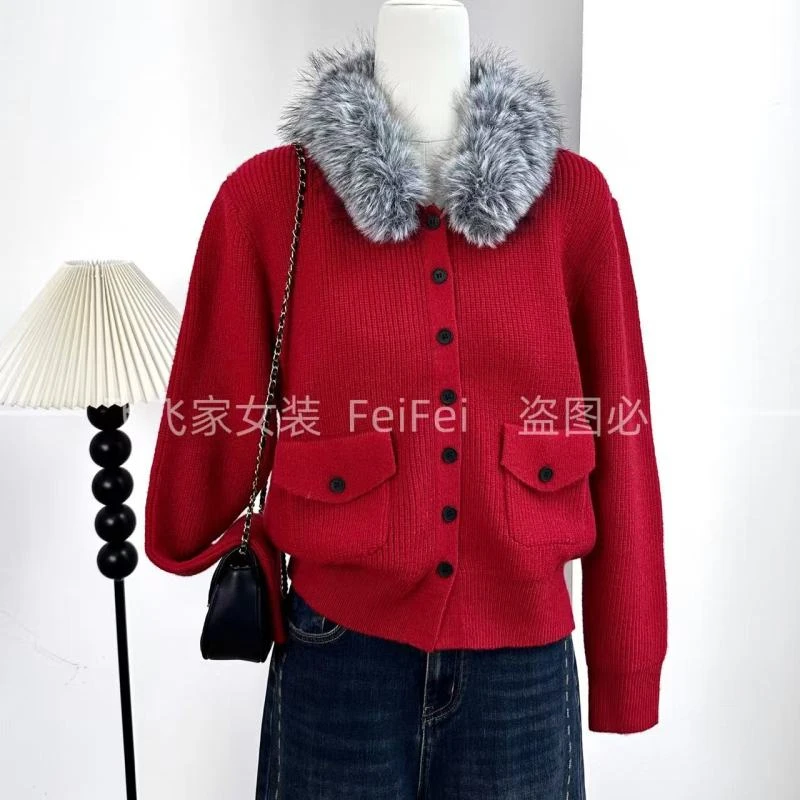 飞飞家~可拆卸毛毛领！！气质名媛风~口袋开衫#针织衫Y9294红