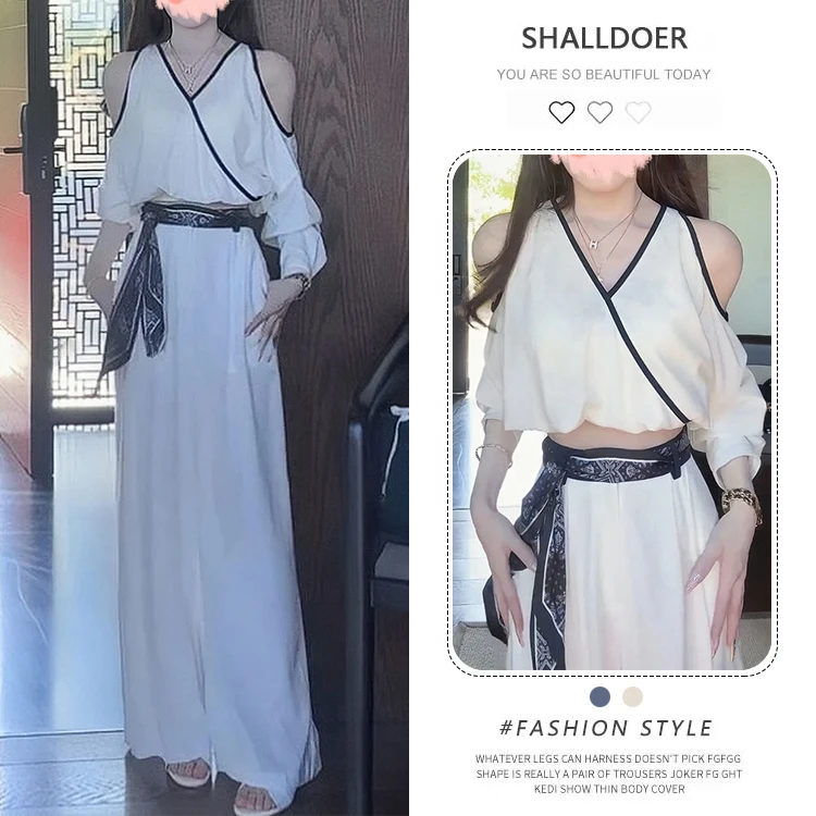 法式轻奢风防晒套装女夏季新款V领露肩长袖衬衫休闲阔腿裤两件套