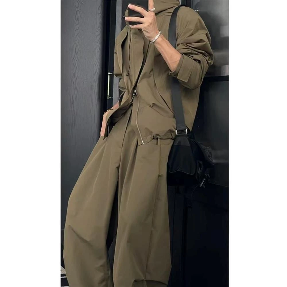 军绿色秋季新款潮流美式户外工装冲锋衣连帽夹克宽松百搭长裤套装