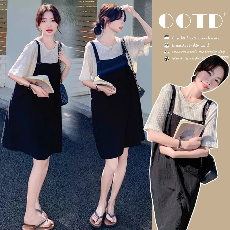 现货  孕妇夏装中长款假两件连衣裙