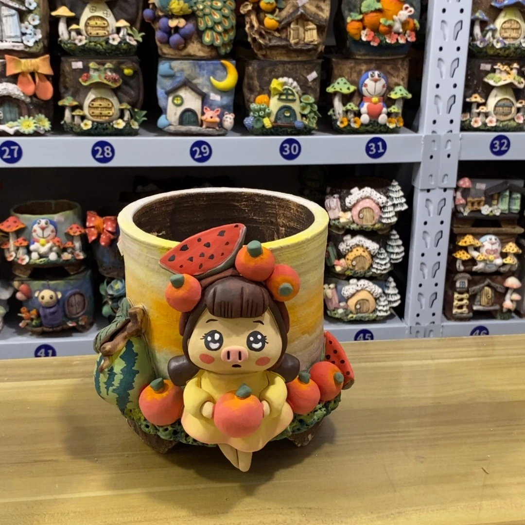 养***。白狐粗陶手捏花盆