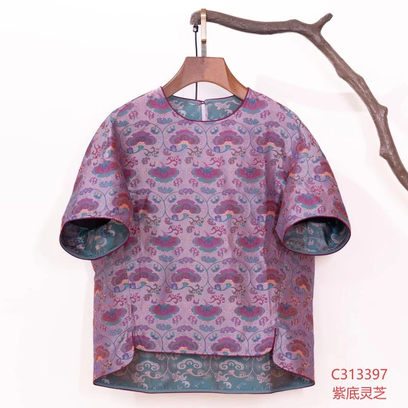 【锦系】32姆米蜀锦新中式国风桑蚕丝圆领短袖上衣C-313397