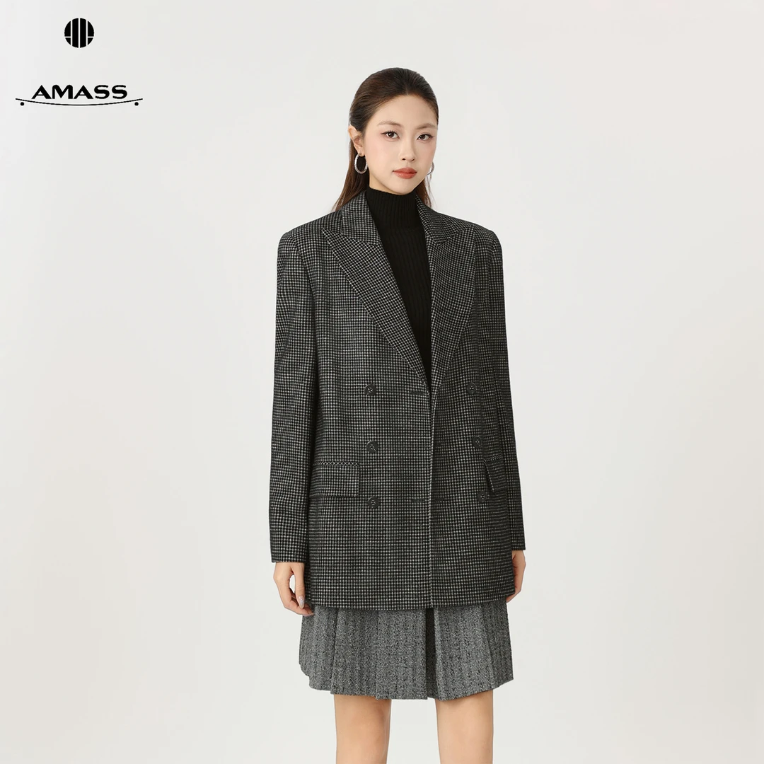 AMASS/阿玛施气质格纹千鸟格双排扣毛呢中长款西装外套5400868