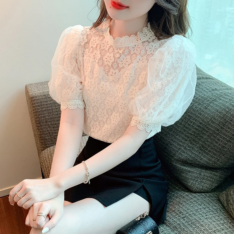 法式泡泡袖蕾丝上衣女夏季2025年新款高级感甜美减龄气质小衫时髦