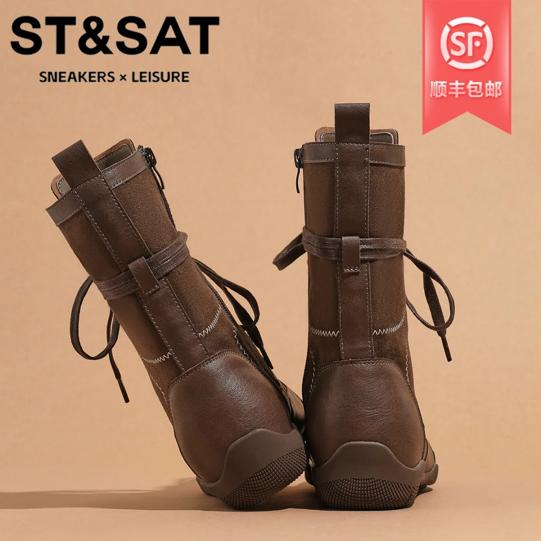 星期六复古废土风马丁靴女2025冬季新款轻便中筒靴游牧风骑士靴女