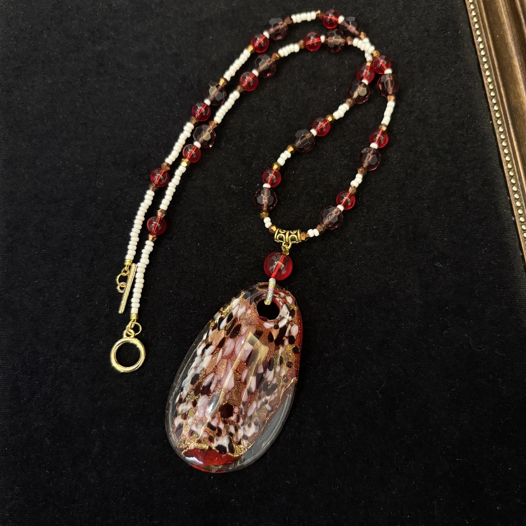 合金项链 LZ2915-1 红色椭圆吊牌琉璃项链