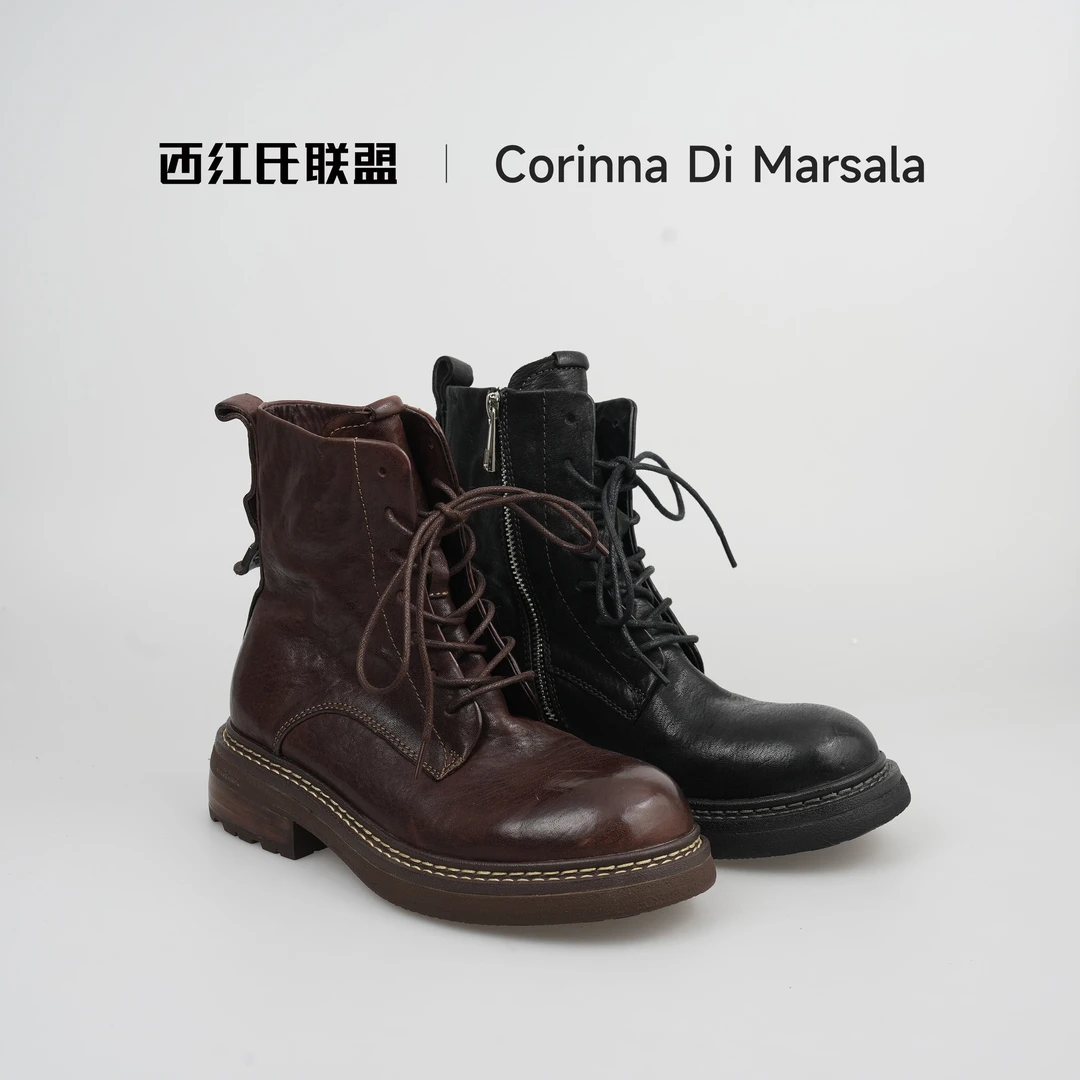 【西红氏联盟】水洗马皮~秋冬新款圆头系带厚底英伦风复古马丁靴