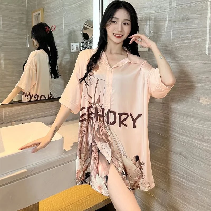 夏季新款性感睡衣时尚女孩轻奢冰凉短袖睡裙薄款领睡衣裙可外穿
