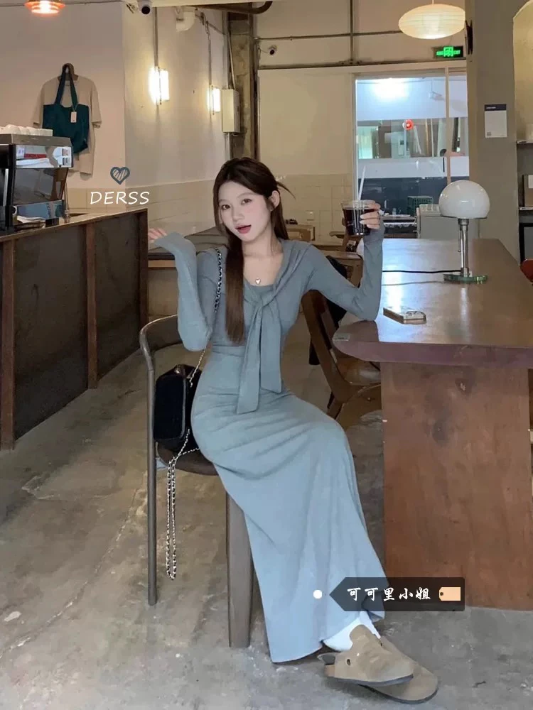 灰色系带弹力长袖连衣裙女2025春季新款气质时尚收腰显瘦长裙子潮