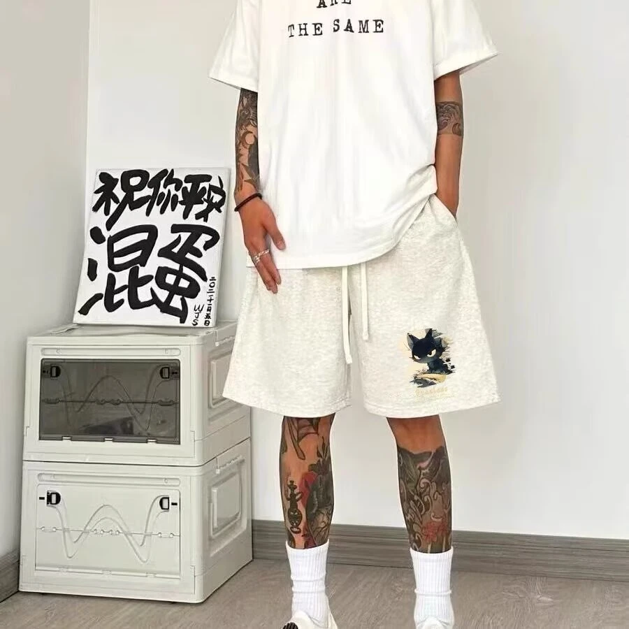 嘻哈潮牌美式个性印花短裤男款夏季篮球运动休闲宽松灰色五分裤子