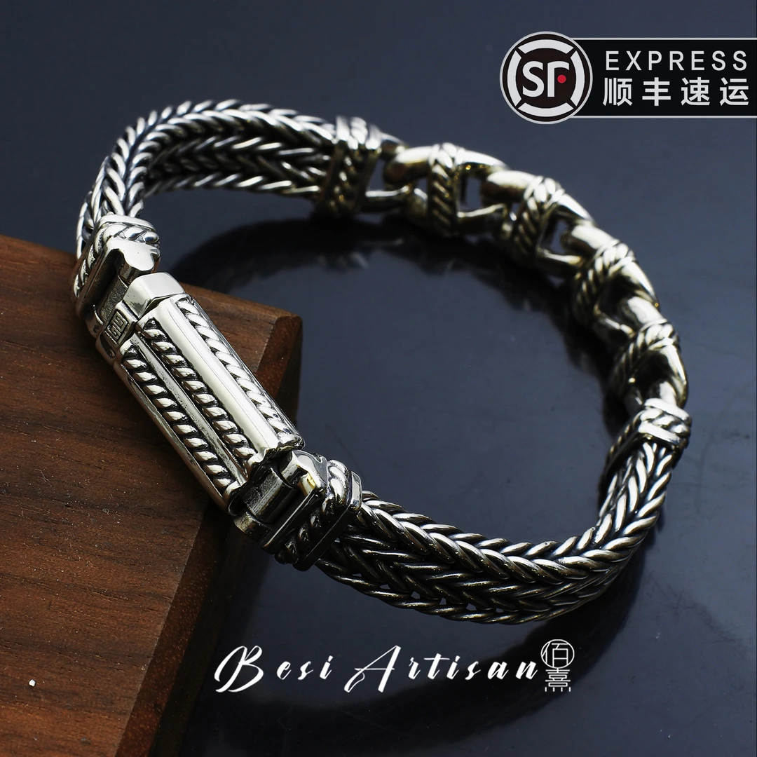925银手链 手工编织猪鼻子古巴男士宽版手链复古重工霸气做旧潮流