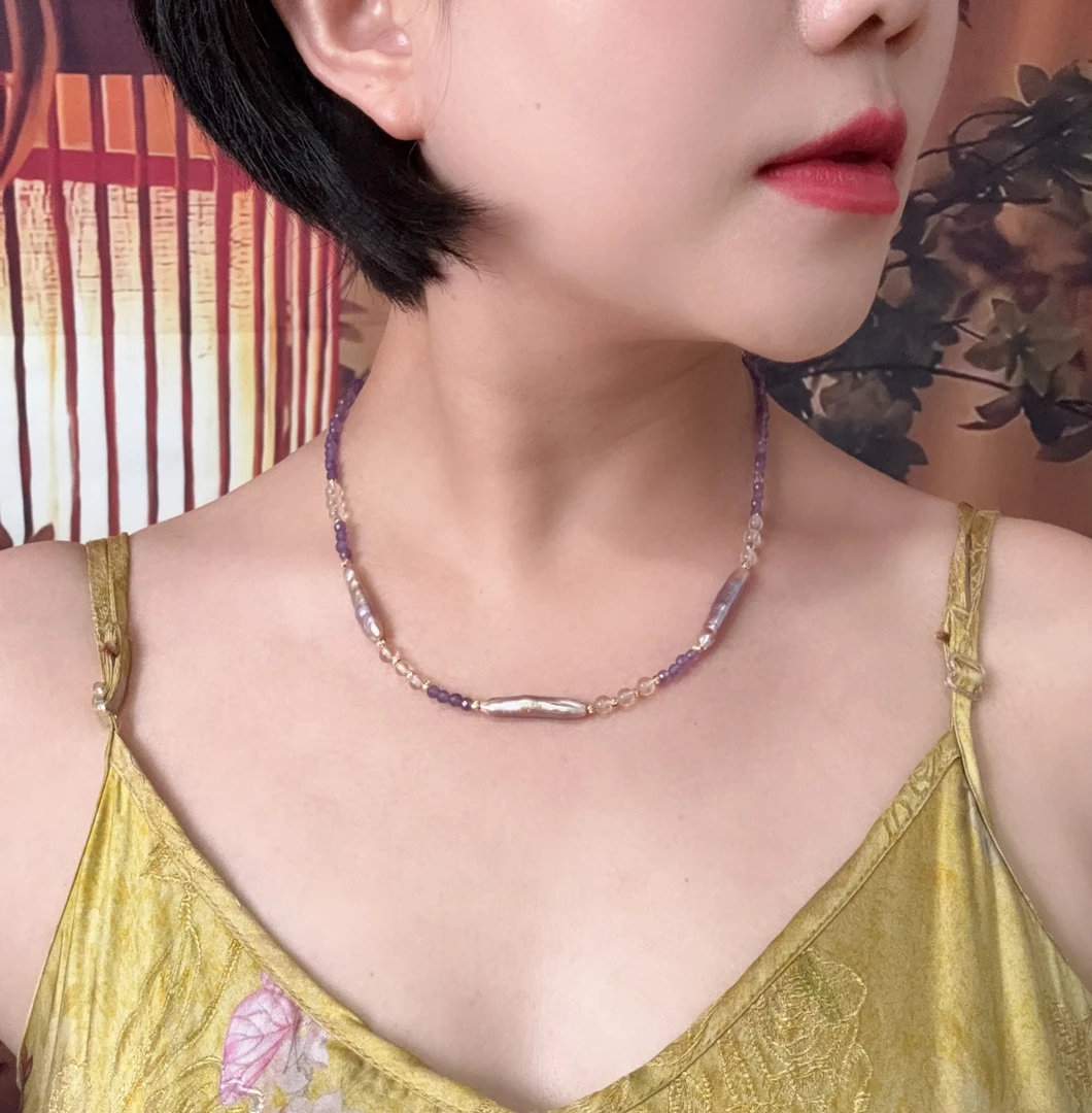 紫色银条巴洛克紫水晶项链
