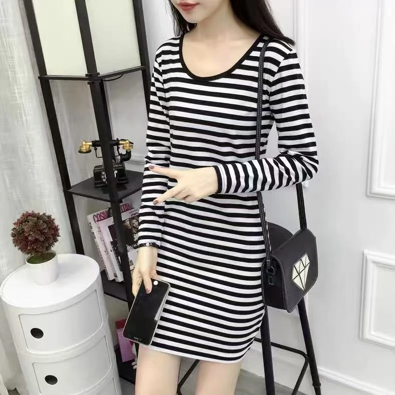 1091 GZ春秋百搭条纹长袖t恤女修身显瘦圆领显瘦包臀连衣裙