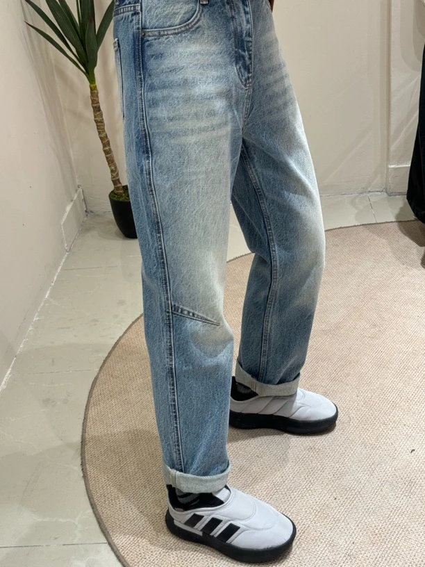 《遇见》欧货新款时尚百搭直筒折线豌豆裤浅蓝色牛仔裤