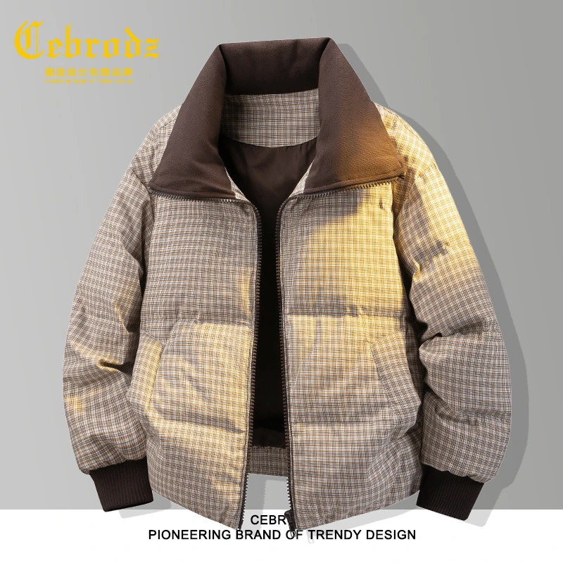 法国Cebrodz冬季新款千鸟格鸭绒羽绒服男加厚保暖撞色保暖防寒男