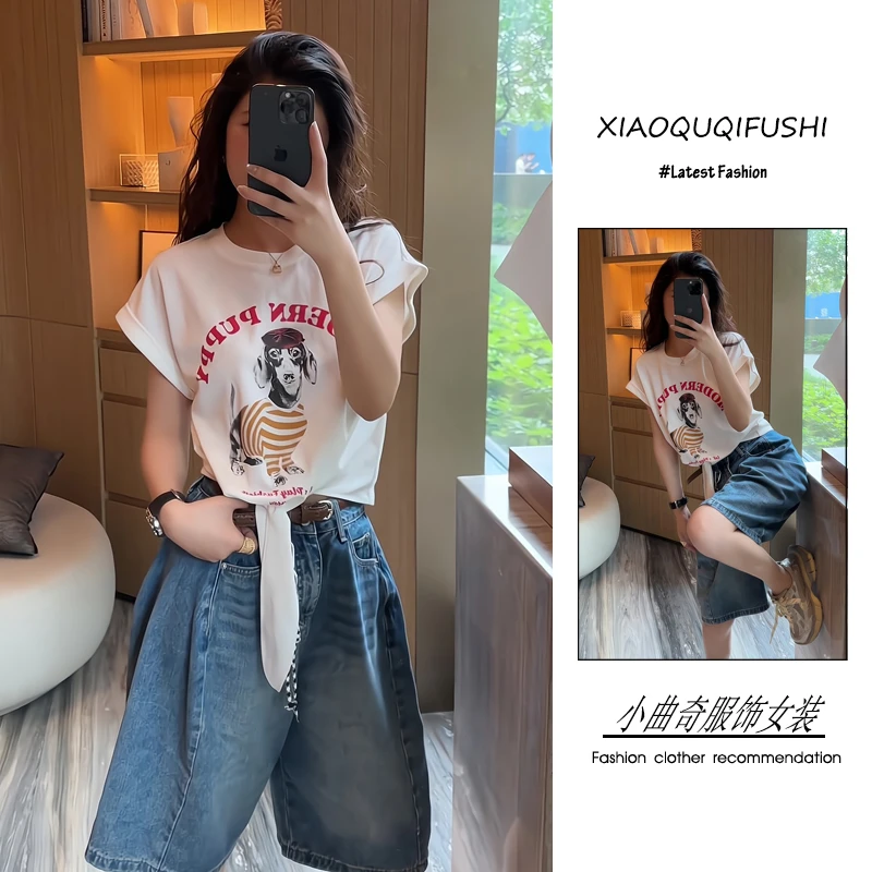 今年流行穿搭一整套2025新款港风韩版高级感印花T恤牛仔裤两件套