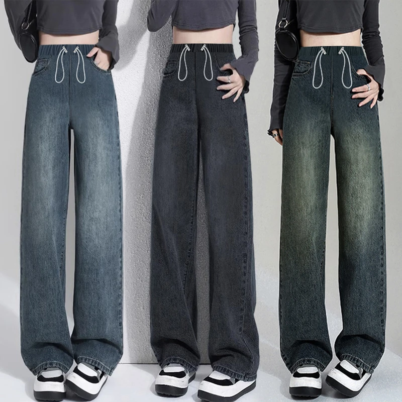 裤前有口袋外穿阔腿裤宽松型春装新款高腰百搭托腹牛仔孕期直筒裤