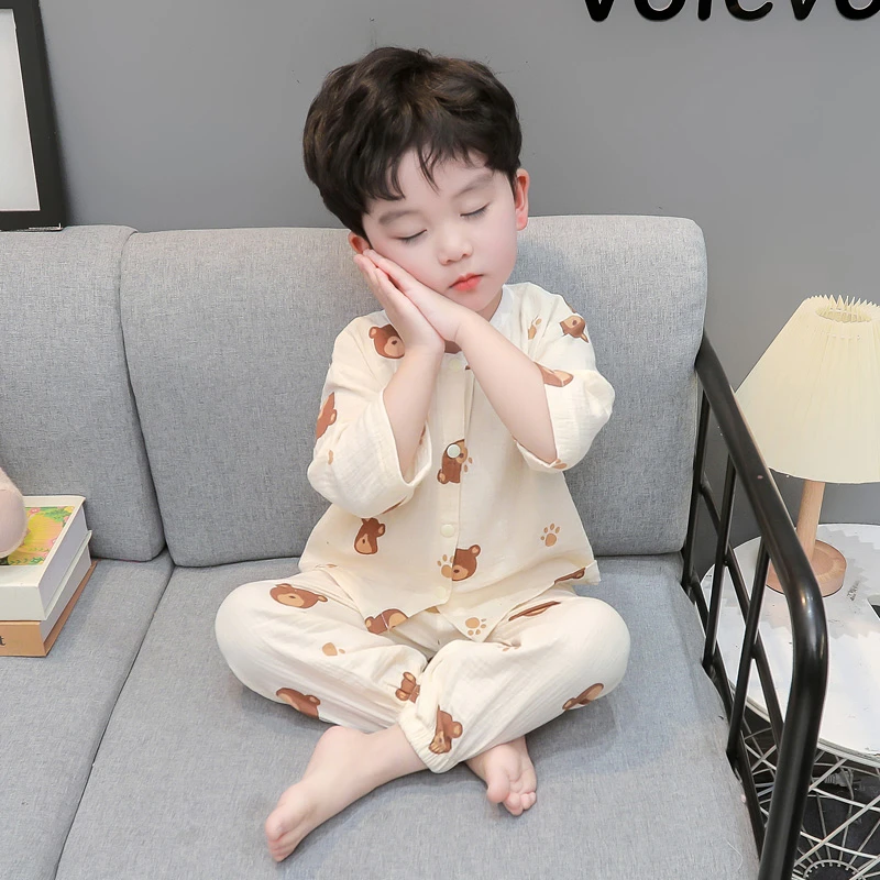 儿童睡衣A类100纯棉男宝宝开衫套装男孩夏季纱布空调服男童家居服