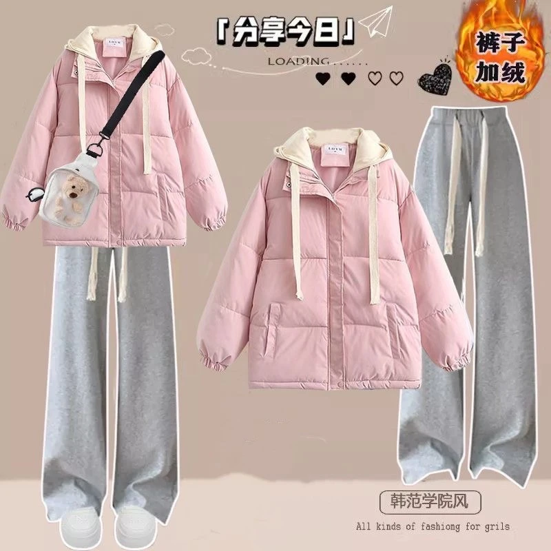 2025年新款冬季加厚棉服女大童韩系棉衣面包服学生棉袄休闲裤套装