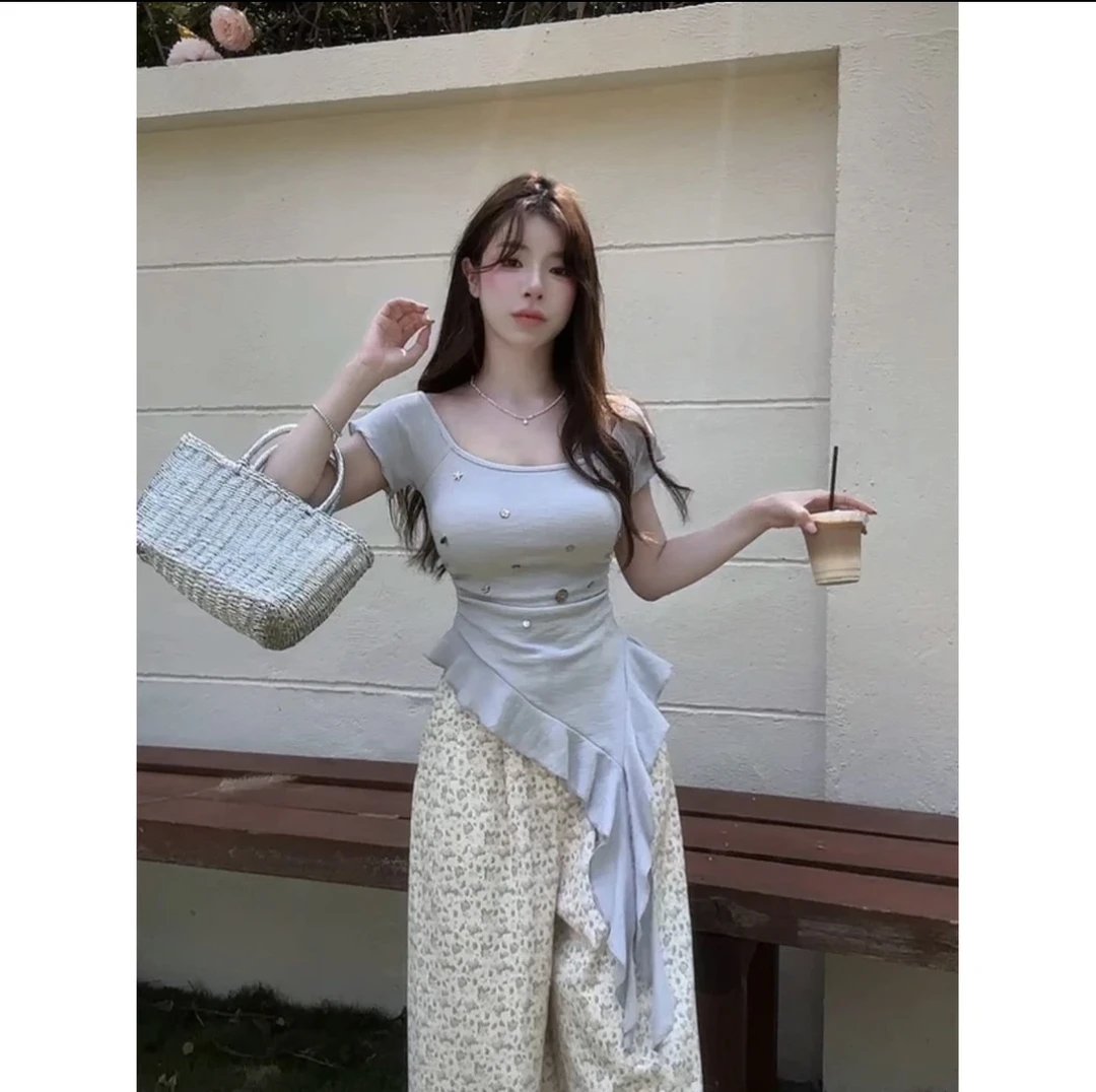 夏季新款纯色修身不规则短袖T恤女设计感荷叶花边显瘦贝壳上衣