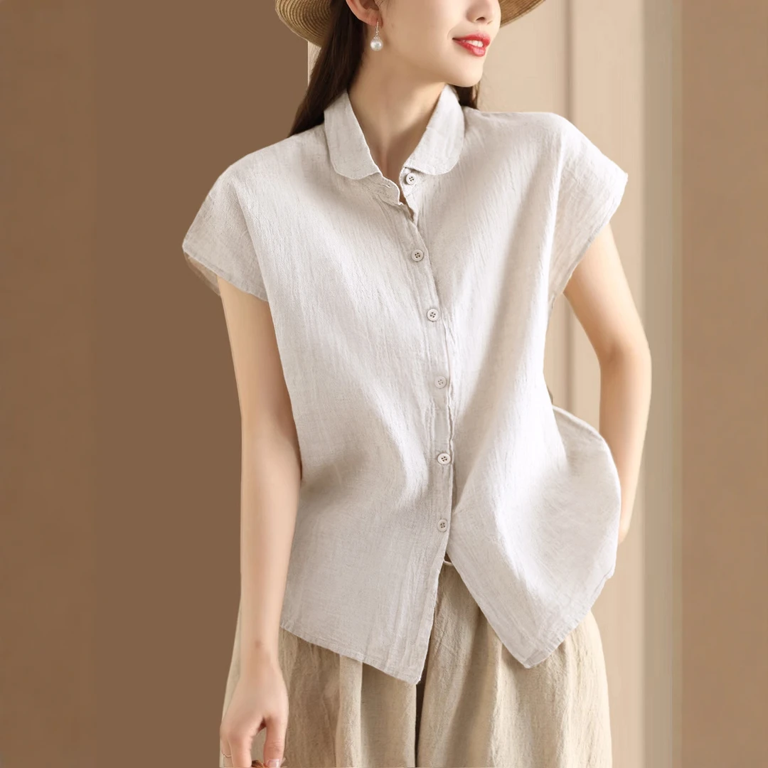 法式文艺小飞袖衬衫女夏季新款休闲纯色宽松棉麻衬衣亚麻短袖上衣