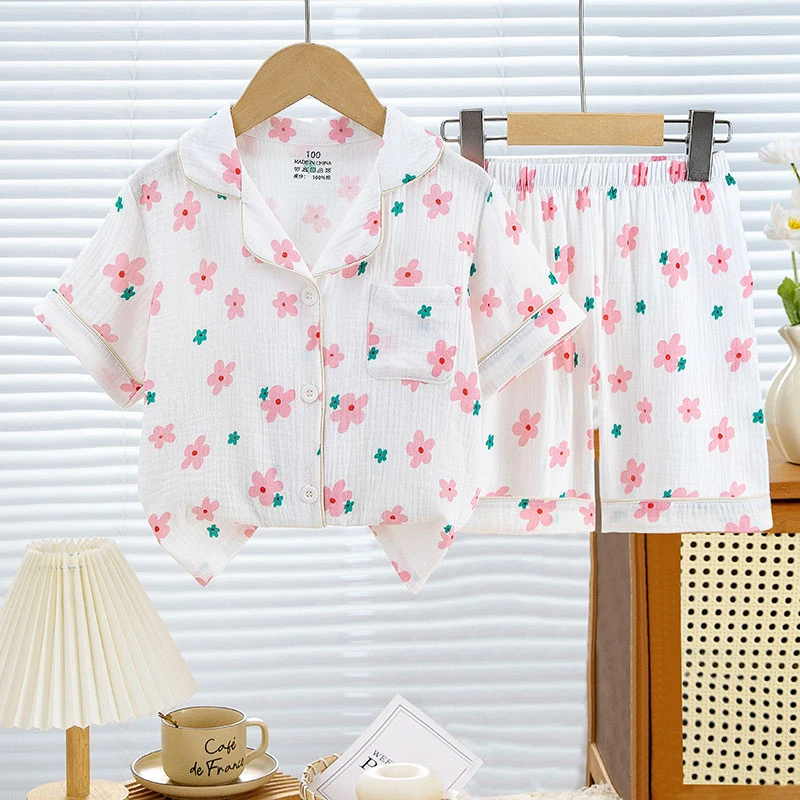 棉纱开衫儿童纱布睡衣春夏卡通两件套男女短袖短裤家居服套装