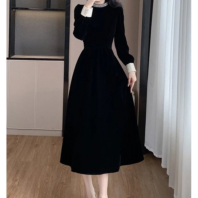 品质新年战袍丝绒黑色长裙赫本风连衣裙长袖时尚修身名媛设计感女