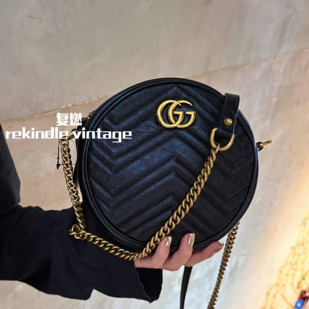 95新 GUCCI/古驰 复燃精选/黑金双G圆饼单肩斜挎包