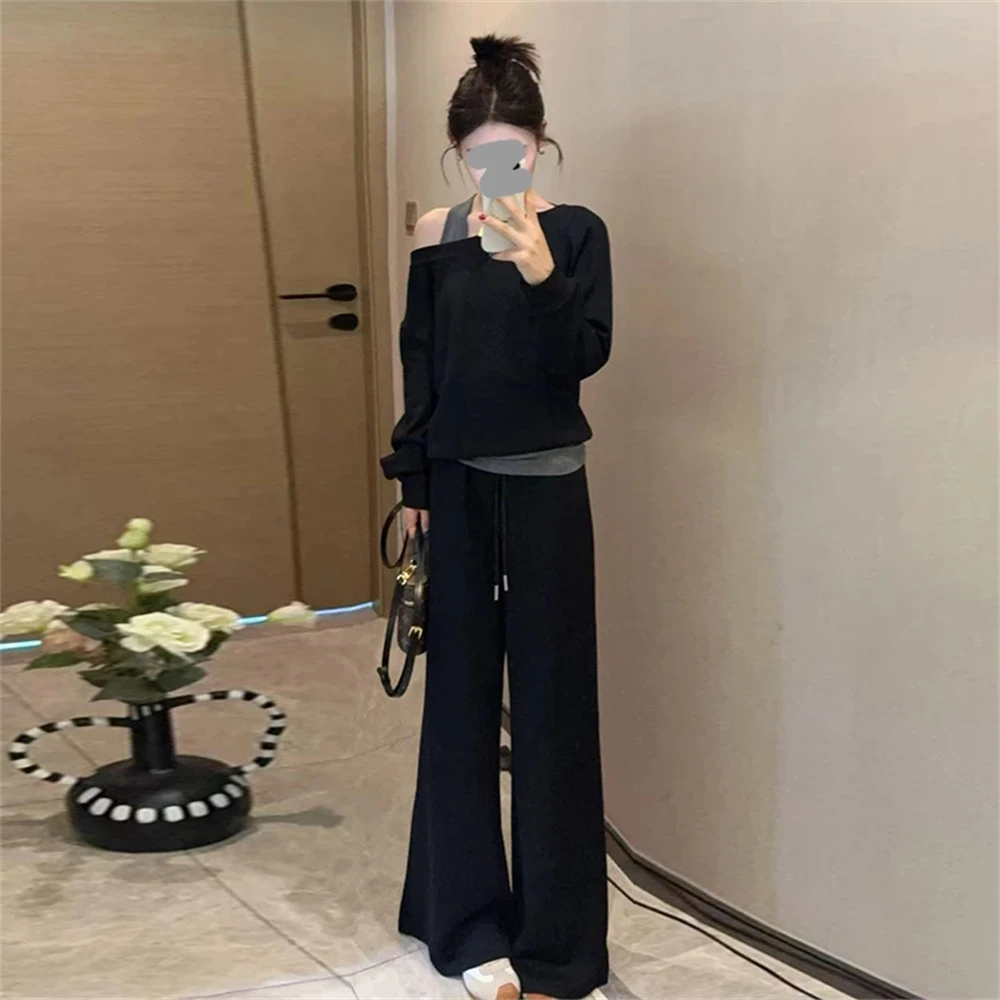 2025年早秋新款斜肩假两件卫衣+休闲阔腿裤套装女轻熟风两件套潮
