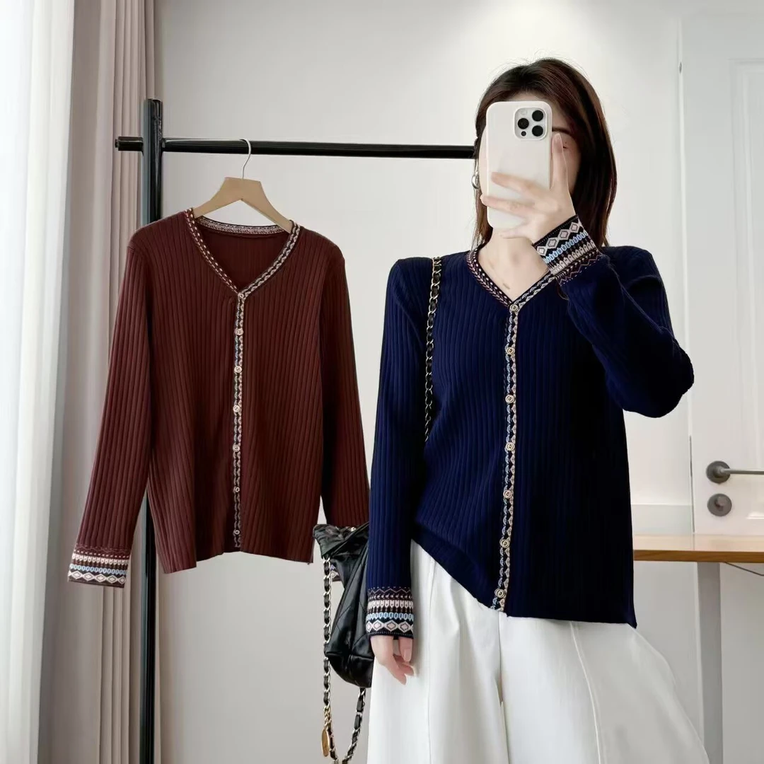 女女早秋复古民族风气质休闲毛衣开衫长袖女装毛针织衫纯色上衣