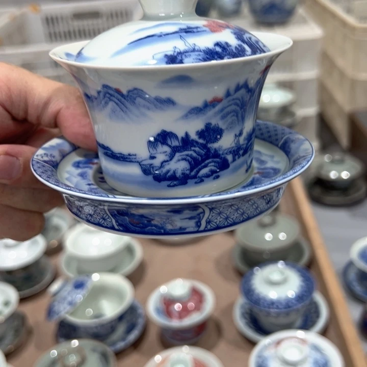 瓷片富春山居图马蹄盖碗全品