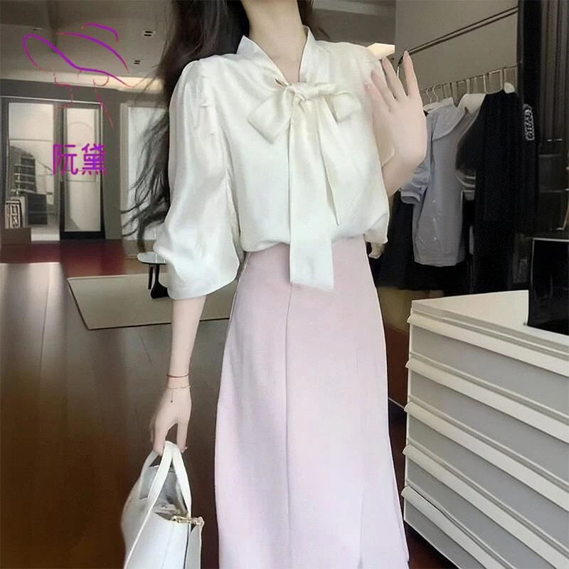 阮黛夏减龄漂亮洋气穿搭两件套装茶歇法式气质衬衫上衣半身裙女士