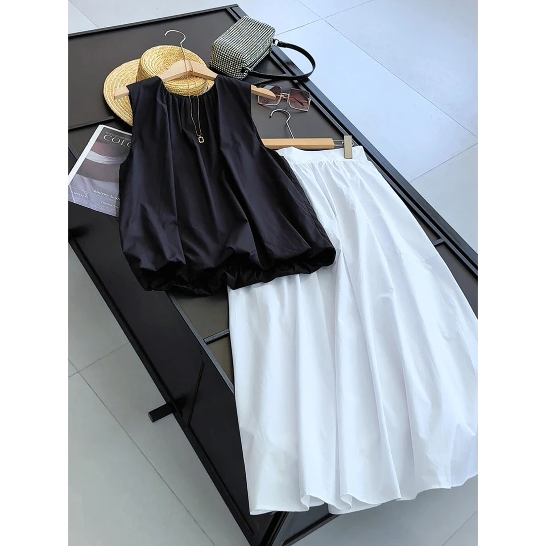 圆领无袖蓬蓬背心上衣高腰半身裙显瘦可分开买时尚套装女夏季新款