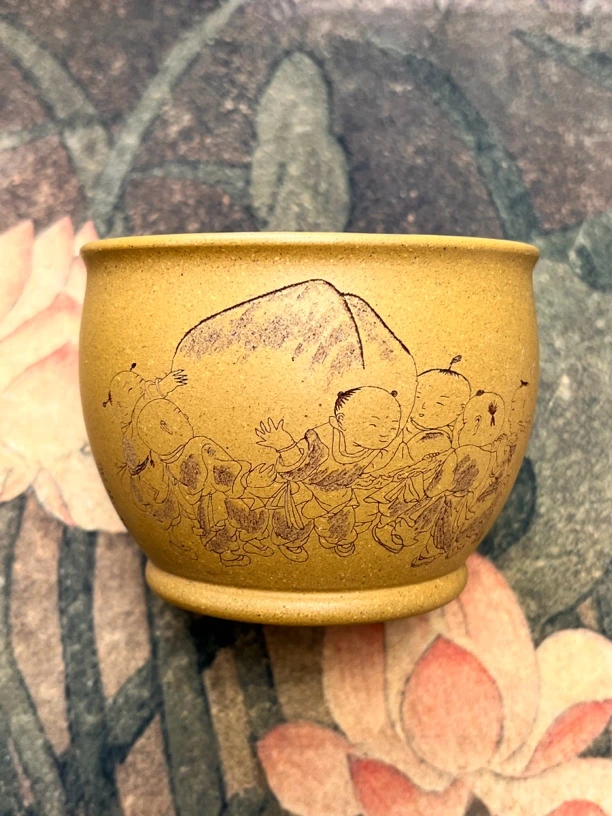 宜兴紫砂段泥手绘手工品茗杯主人杯六子献寿刻绘茶具紫砂杯茶杯