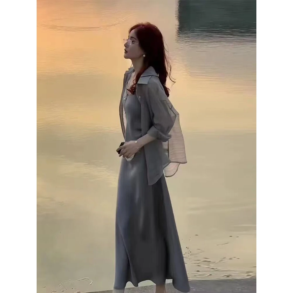 时尚两件套别致漂亮吊带连衣裙子质感高级感防晒外搭罩衫套装